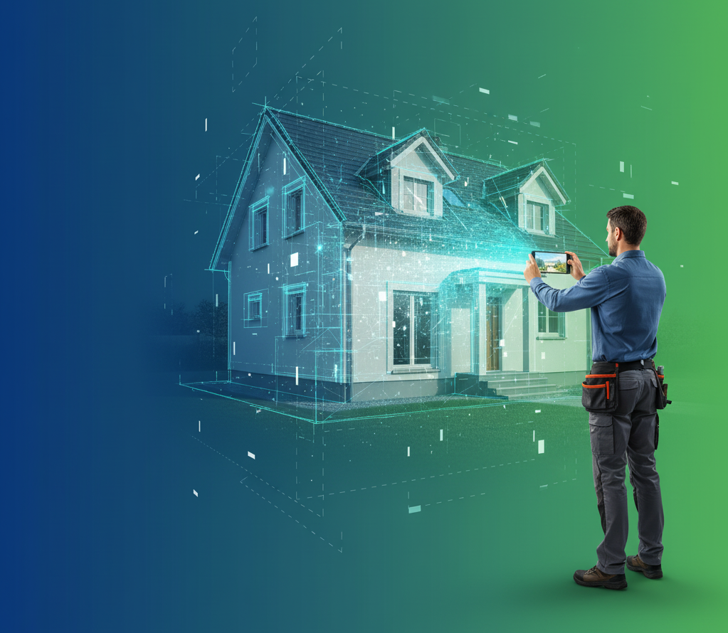 Handwerker scannt ein Haus mit dem Smartphone => 3D-Modell